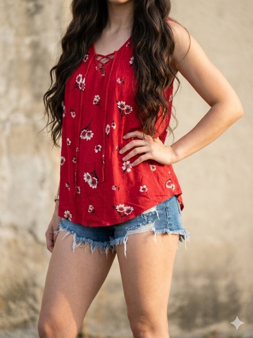 Y2K Indie Fairycore Maurices Red Floral Lace-Up Tank Top XL